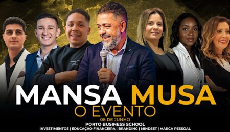 Mansa Musa event promotional banner featuring diverse speakers at Porto Business School on June 8th, highlighting investment, financial education, branding, mindset, and personal brand.
